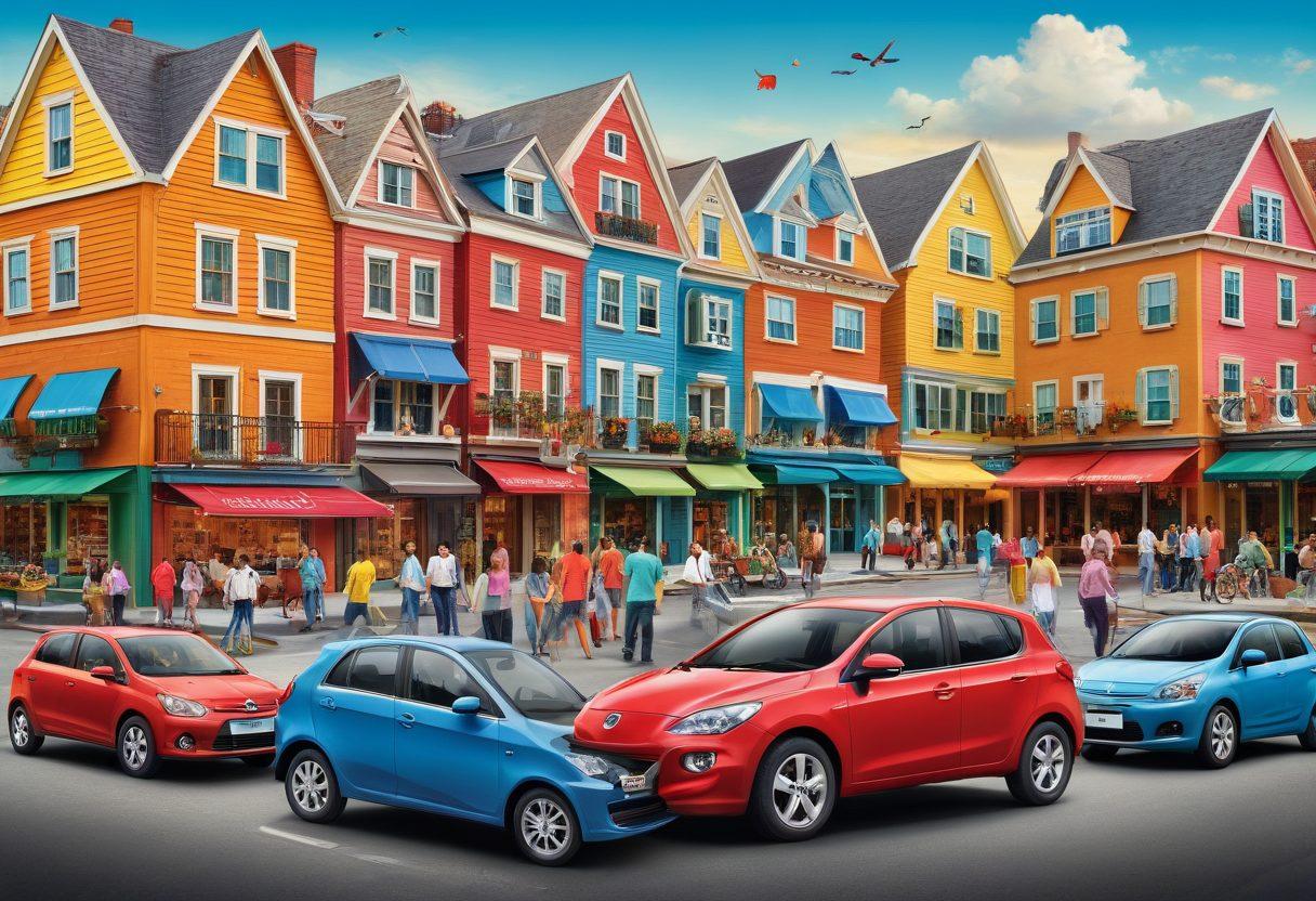 A dynamic collage representing various low-cost insurance options, including colorful icons of health, auto, and home insurance policies. The background should feature a vibrant marketplace atmosphere with people actively discussing and comparing options, showcasing diversity and inclusivity. Include visual elements like checklists and calculators to symbolize decision-making. super-realistic. vibrant colors. 3D.
