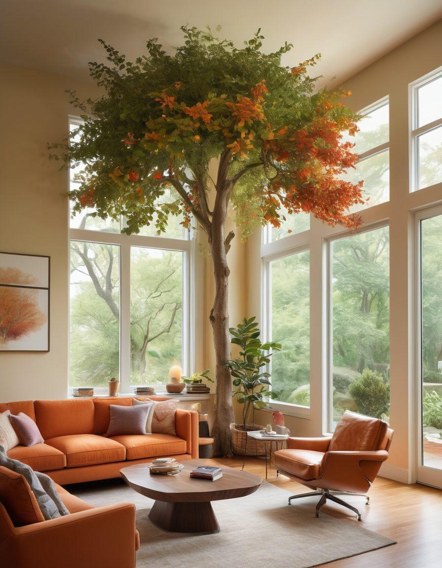 A serene family gathering in a cozy living room, with a diverse group discussing personalized insurance plans around a coffee table filled with brochures. A comforting atmosphere with warm lighting, showcasing a backdrop of lush greenery through the window, symbolizing security and peace of mind. Include visual elements like a tree representing growth and stability, and illustrations of various insurance coverage types subtly integrated in the design. super-realistic. vibrant colors. warm tones.